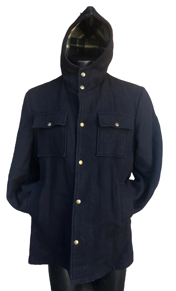 复古羊毛大衣男式 40 Us M 格子衬里 60 年代 70 年代拉链帽罕见 — 第 1/4 张图片