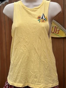 Camiseta sin mangas Volcom XS flores amarillas con logotipo gráfico sin mangas azul músculo nueva sin etiquetas - Imagen 1 de 6