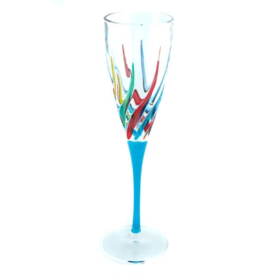 Murano Champagne Wine Glass Hand Painted Multi Light Blue Stem - Image 1 of 3