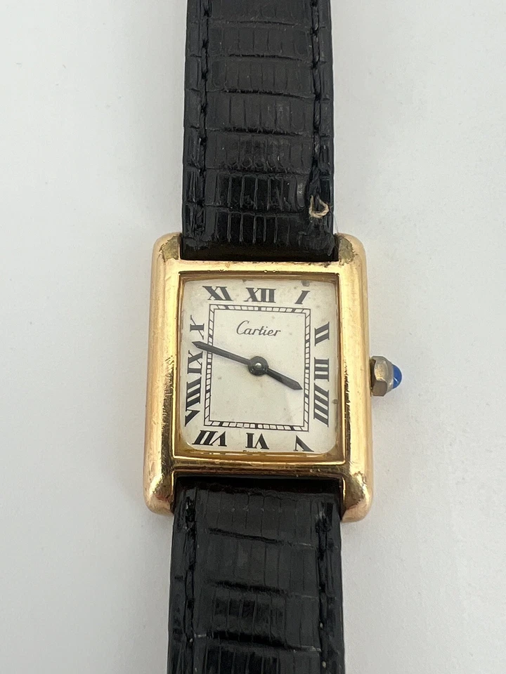 Vintage Cartier Tank 18k Yellow Gold Plated 17J Dress Watch Manual Wind Black - Image 1 of 4