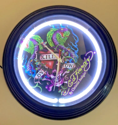 Ed Hardy Reloj de Pared Luz de Neón El Amor Mata Lentamente Dragón Calavera 14.5" Nuevo Cable de CA Foto 1 de 4