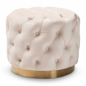 Baxton Studio Valeria Modern Tufted Velvet Ottoman in Light Beige and Gold - Picture 1 of 5