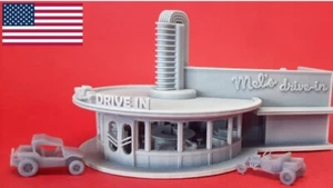 N Scale 1/160 Mel's Drive In, 2 vehicles and interior, 4pc. unpainted resin gray - Picture 1 of 2