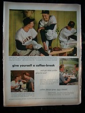 VTG 1952 Orig Magazine Ad Pan American Coffee Baseball NY Giants Jansen's Print