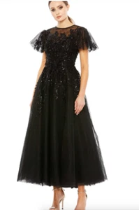 VESTIDO MIDI NEGRO MAC DUGGAL CON MANGA DE ARCO A-LINE TALLA 12 - Imagen 1 de 4
