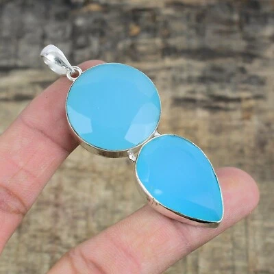 Blu Calcedonio Gemma Artigianale 925 Argento Sterling Ciondolo Gioielli Per Love - Immagine 1 di 4