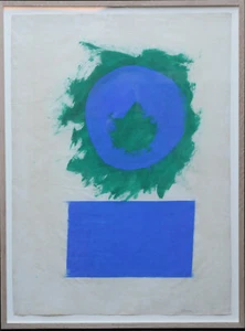 ROBYN DENNY BRITISH 1950's ABSTRACT ART BLUE GREEN FORMS OIL PAPER COLOURFIELD - Picture 1 of 12