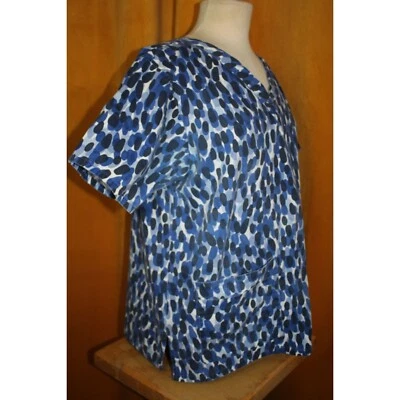 Landau Women Medium Blue White Abstract Healthcare Nurse Doctor Scrub Top - Image 1 of 4