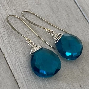 Min Favorit Teal Hydro Quartz Briolette & Silver Artisan Wire Wrapped Earrings - Picture 1 of 5