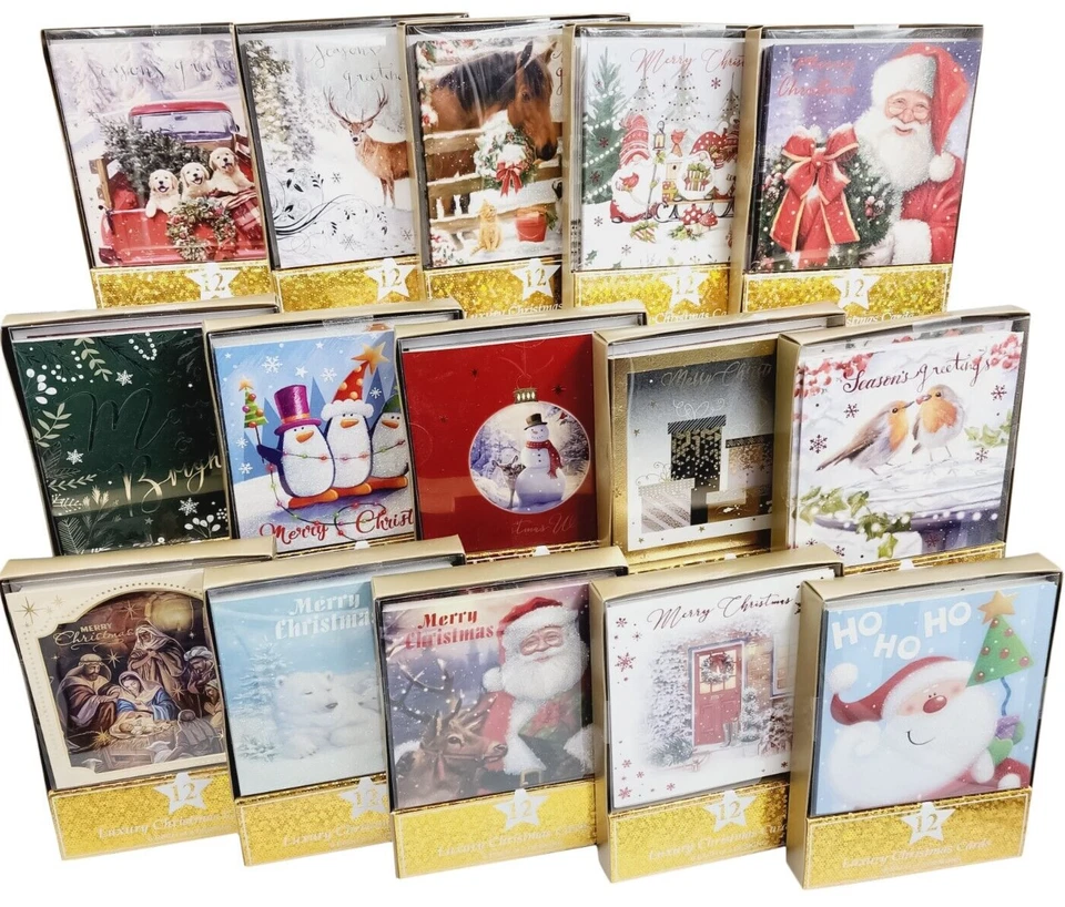 Christmas Cards 12 Card Pack Box Set Square Photo Xmas Traditional Santa Snowman - Image 1 of 1