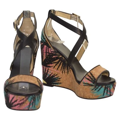 Jimmy Choo Black Leather and Palm Embroidered Cork Portia Wedge Sandals Size 39 - Изображение 1 из 4