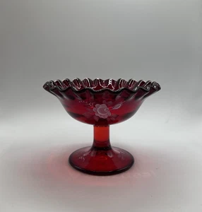 Fenton Ruby Red Ruffled Glass Compote Pattern Ruby Rose pattern Signed - Picture 1 of 11