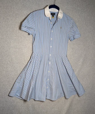 Polo RL Girls Shirt Dress Sz 16 Blue Button Up Peter Pan Collar Striped Preppy - Image 1 of 4