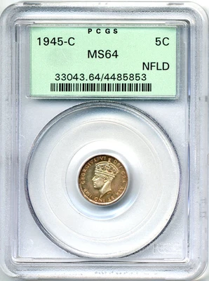 1945-C Newfoundland 5 Cents - Choice Uncirculated, PCGS MS64, golden toning - Image 1 of 4