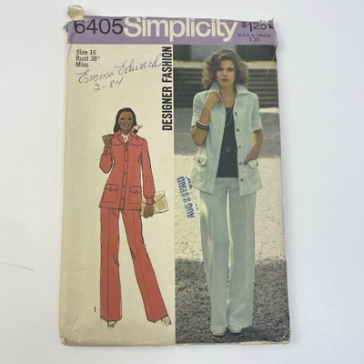 Pantsuit Size 16 b38 CUT Vtg 70s Pattern 6405 Notched Collar Patch Pockets Cuffs - Image 1 of 2