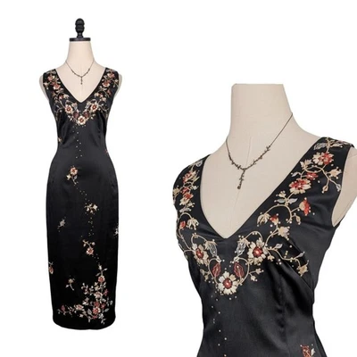 Vestido midi Y2K Mandalay satinado 6 negro naranja floral invitado cóctel glamour Foto 1 de 4