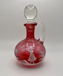 Vintage Hand Blown Cranberry Glass Cruet Hand Painted W/Ground Stopper - Picture 1 of 11
