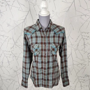 Panhandle Slim Brown Plaid Stretch Embroidered Western Blouse | Women's M - Picture 1 of 7