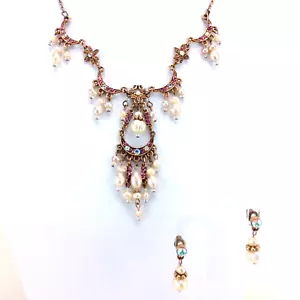 Conjunto Collar Pendientes Color Oro Rosa Filigrana Estrás Semilla Perlas Disfraz - Imagen 1 de 12