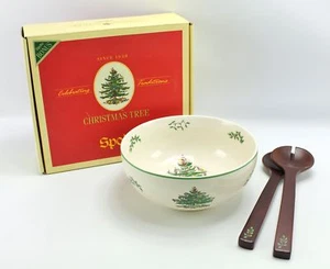Spode Christmas Tree Cream Ceramic Round Salad Bowl & Servers Fork & Spoon - Picture 1 of 10