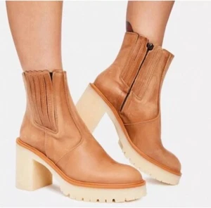 NEW Free People James Chunky Chelsea Platform Boot Size 7.5 37.5 Tan High Heel - Picture 1 of 13