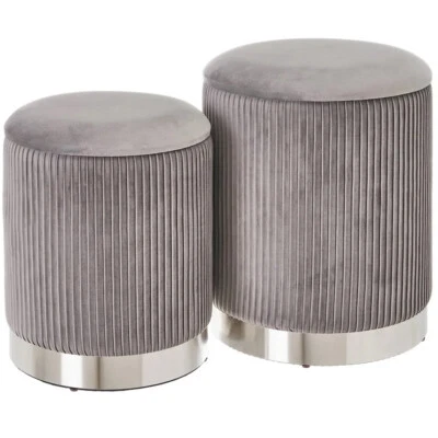 Set 2 Pouf Contenitore Grigio Velluto Sgabello Poggiapiedi Rotondo Portata 120kg - Immagine 1 di 4