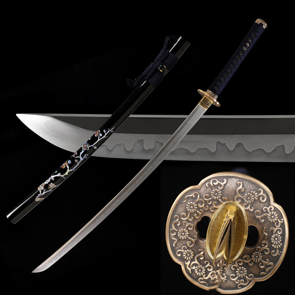 Arcilla Templada T10 Acero Japonés Samurai Espada Katana Latón Tsuba Navaja Afilada Foto 1 de 4