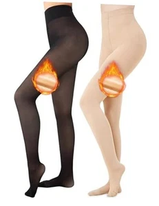  2 Paar Fleece gefütterte Strumpfhosen Damen groß Fake transparent schwarz + blickdichte Haut - Bild 1 von 7