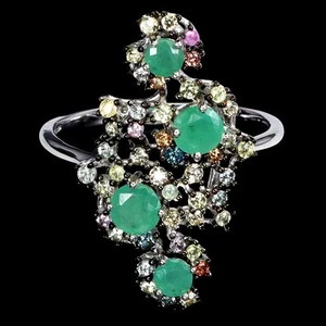925 Sterling Silver Ring Round Emerald Sapphire Natural Gemstone Jewelry Size 8. - Picture 1 of 13