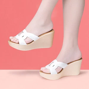 Womens Summer Slip On Slippers Wedge High Heels Platform Round Toe Casual Shoes - Picture 1 of 7