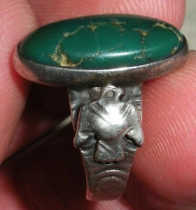 VINTAGE NAVAJO GREASY GREEN TURQUOISE THUNDERBIRD STERLING SILVER RING S5.5 vafo - Picture 1 of 14