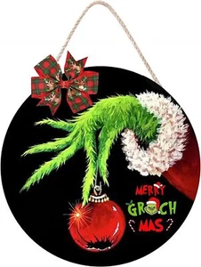 Christmas Decoration Grinch Wooden Door Wall Sign Hangers Wreath with Bow Indoor - Picture 1 of 2
