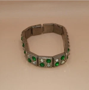 Green and White Rhinestones Bracelet, Signed AllCo, a few dark flecks - Picture 1 of 4