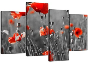 Large Red Poppy Black White Canvas Wall Art Pictures XL Prints 4135 - Picture 1 of 9