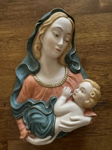 Vintage handbemalt Biskuitporzellan große Madonna Kind Wandrelief religiös - Bild 1 von 12