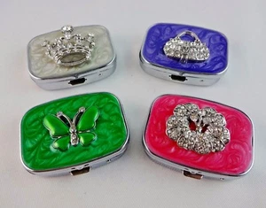 Enamel Pill Box Rhinestone Two Compartments Push Button Silver Metal - Picture 1 of 25