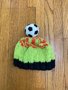 HAND KNIT NEWBORN HAT - SOCCER BALL - WITH DETACHABLE STUFFY SOFT AND WARM