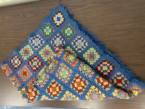 Large handmade crocheted Granny square afghan/blanket blue /colored- 49x58 In.