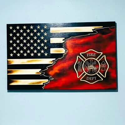 Handmade Firefighter Cross Thin Red Line Fireman Wooden American Flag USA 14x24 - Image 1 of 4