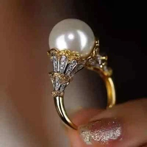 2Ct Round Cut White Pearl Solitaire Women Engagement Ring 14K Yellow Gold Plated - Picture 1 of 7