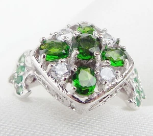 Green Chrome Diopside faceted real gemstone Cubic Zirconia Sterling Silver Ring - Picture 1 of 9