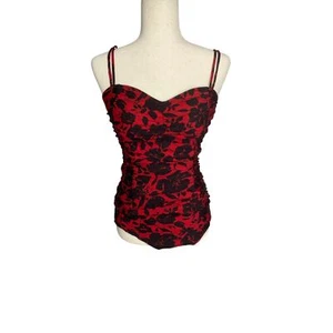 Jantzen black red floral two piece tankini bikini ruched swimsuit women's size 6 - Picture 1 of 5