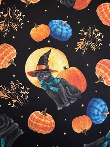 HALLOWEEN ABRA-CAT-DABRA BY QT BLACK CAT PUMPKINS ON BLACK COTTON FABRIC HALF YD - Picture 1 of 4