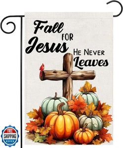 Fall Cross Pumpkin Garden Flags 12x18 Double Sided, Fall for Jesus He Never L - Picture 1 of 5