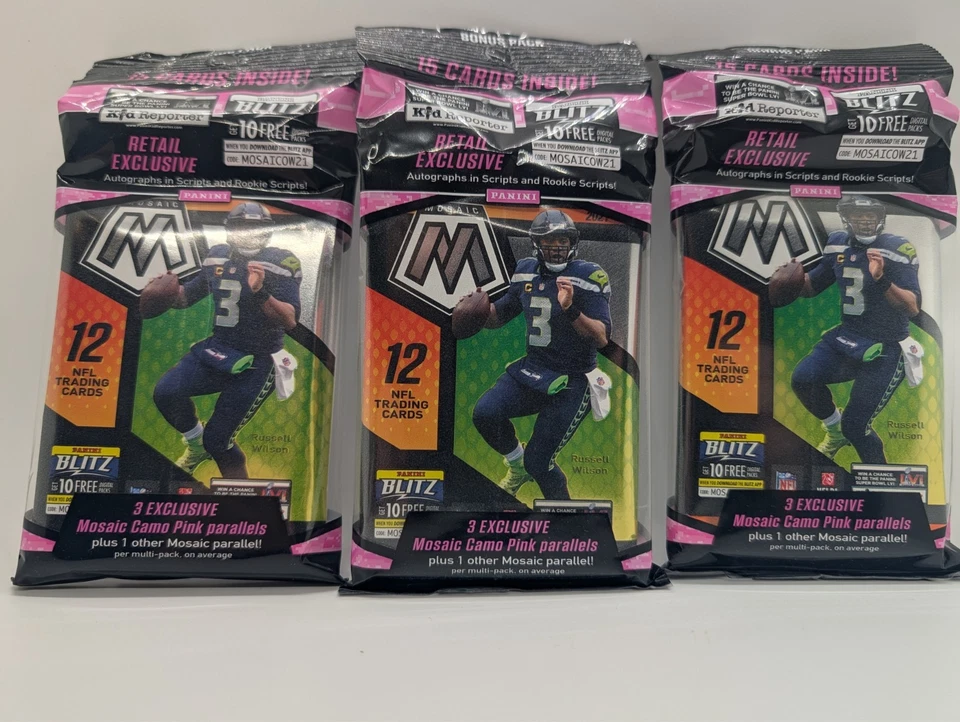 Lot of 3 - 2021 Panini Mosaic NFL Football Cello Packs Pink Retail Cards - Image 1 of 1