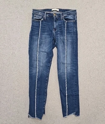 Pantalones de mezclilla Flying Monkey tiro medio dobladillo escalonado, costura de borde crudo central lavado mediano talla 29 recortados Foto 1 de 4