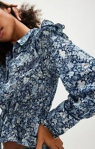 NEW Free People Daybreak Printed Blouse Large Blue Floral Ruffled Cotton Top - Picture 1 of 4