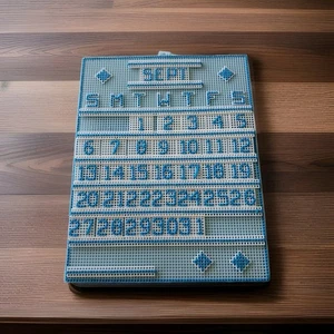 Vintage Large Perpetual Calendar Cross Stitch Completed 20" x 16" (Blue) - Picture 1 of 5