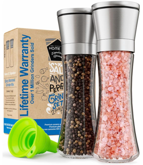 Conjunto 2 molinillos sal y pimienta acero inoxidable vidrio alta cerâmica ajustável - Imagem 1 de 4