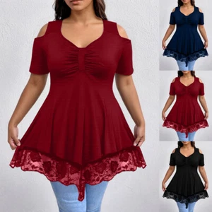 Plus Size Women Summer Lace Cold Shoulder T Shirt V Neck Casual Tops Blouse Tee - Picture 1 of 23